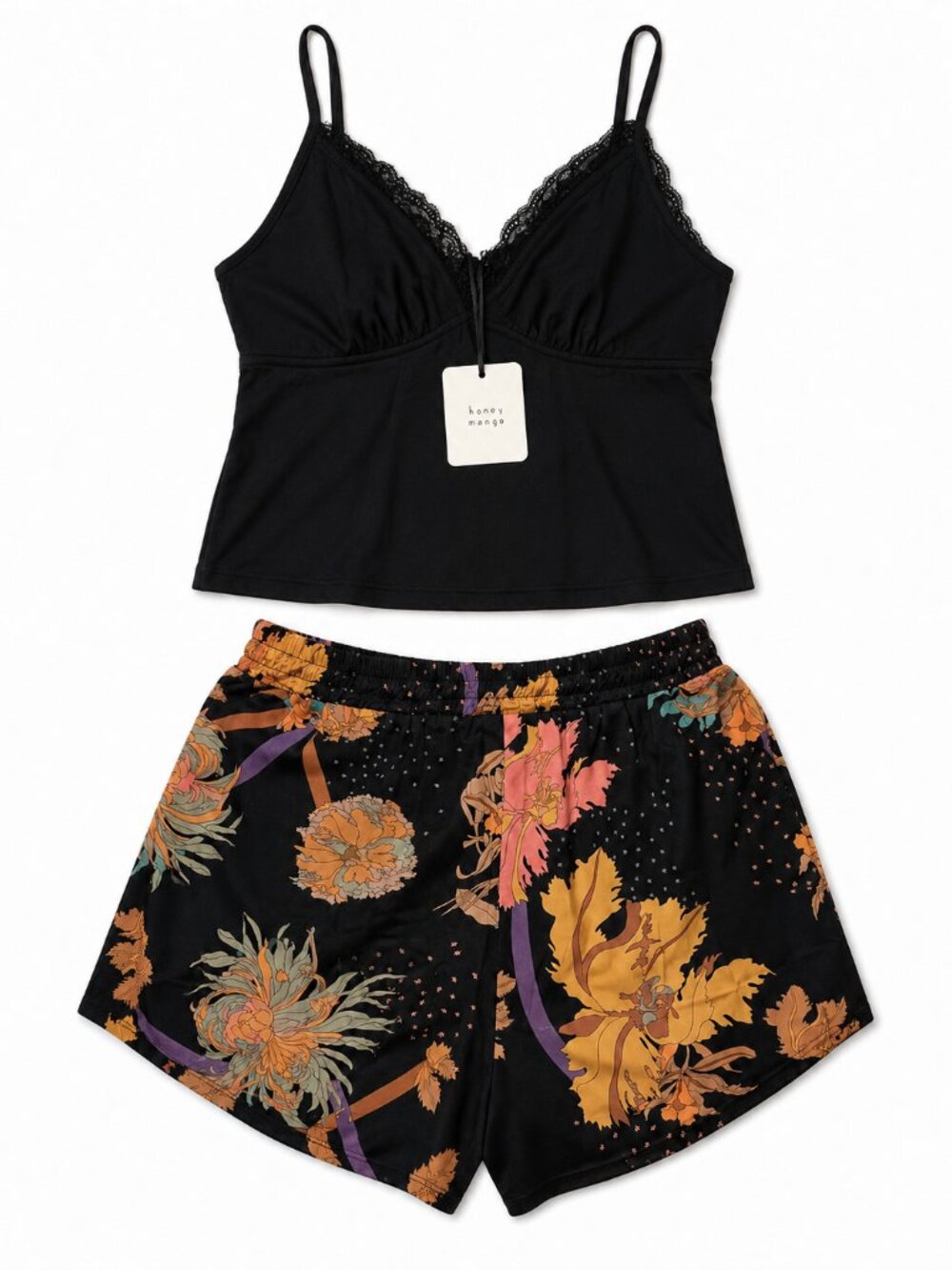 Honey Mango Black Lace Cami + Love & Harmony Floral Shorts Set S NWT - Picture 5 of 6